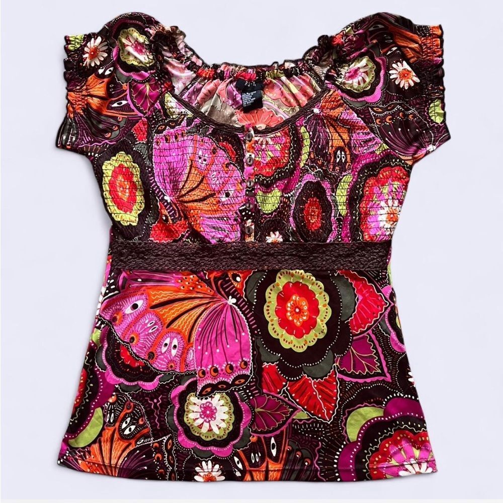 RQT Butterfly Print Babydoll Top With Fluttery Sleeves And Lace Front Size S